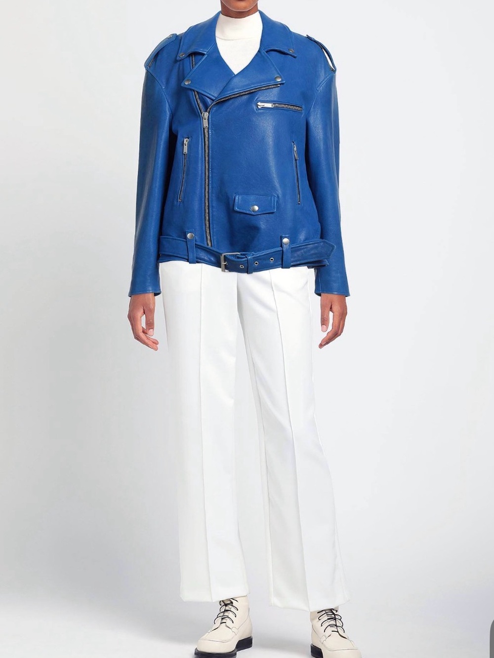 Women's Blue Leather Moto Jacket